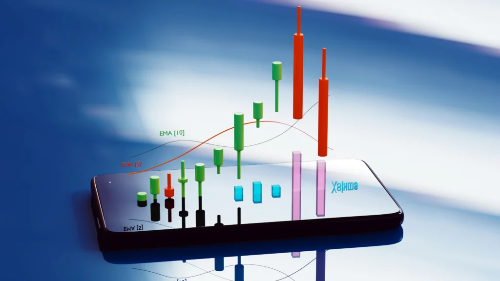 stock signal, buy signal, sell signal on trading graph above a mobile phone