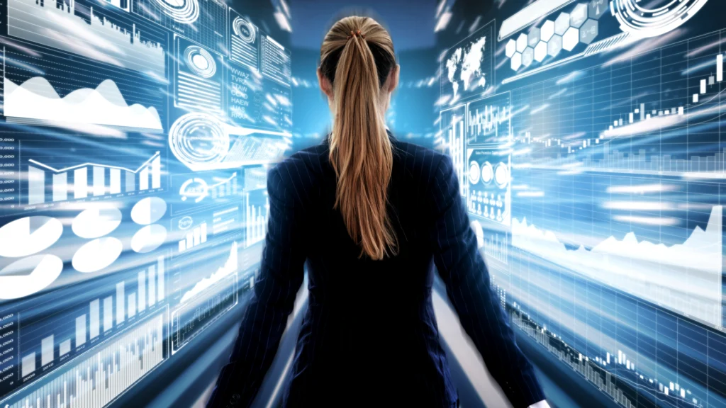 woman surrounding by trading charts and stock market graphs