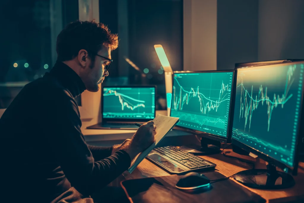 trader-jotting-down-notes-while-looking-at-multiple-monitors-with-trading-charts – PU Prime | More Than Trading trader jotting down notes while looking at multiple monitors with trading charts